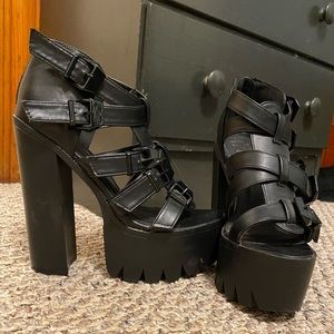 Black Buckle Platform Heels